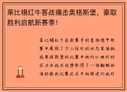 莱比锡红牛客战痛击奥格斯堡，豪取胜利启航新赛季！